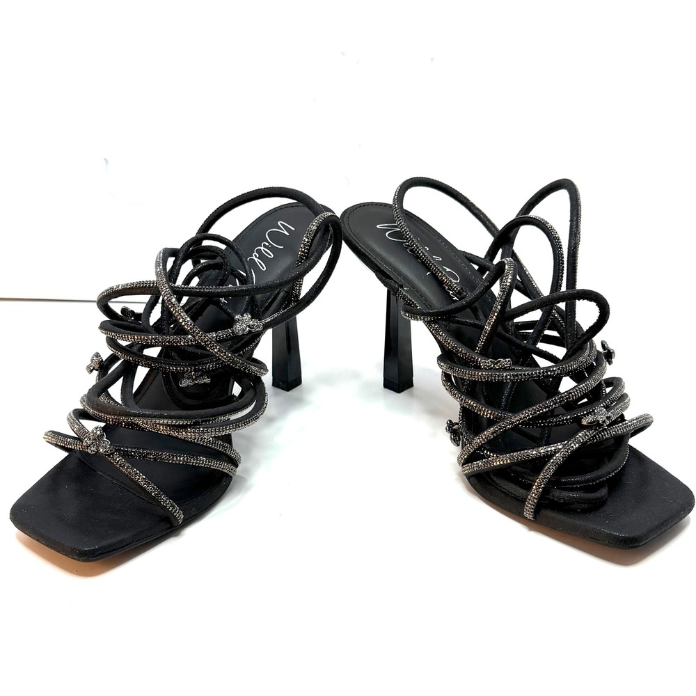 Wild Pair Black Rhinestone Strappy Square-Toe High Heels